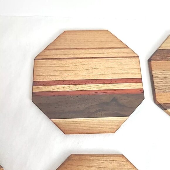 Set Of 8 Wooden Drink Coasters W/Holder Handmade USA Walnut Acacia Cherry Wood - Picture 5 of 16